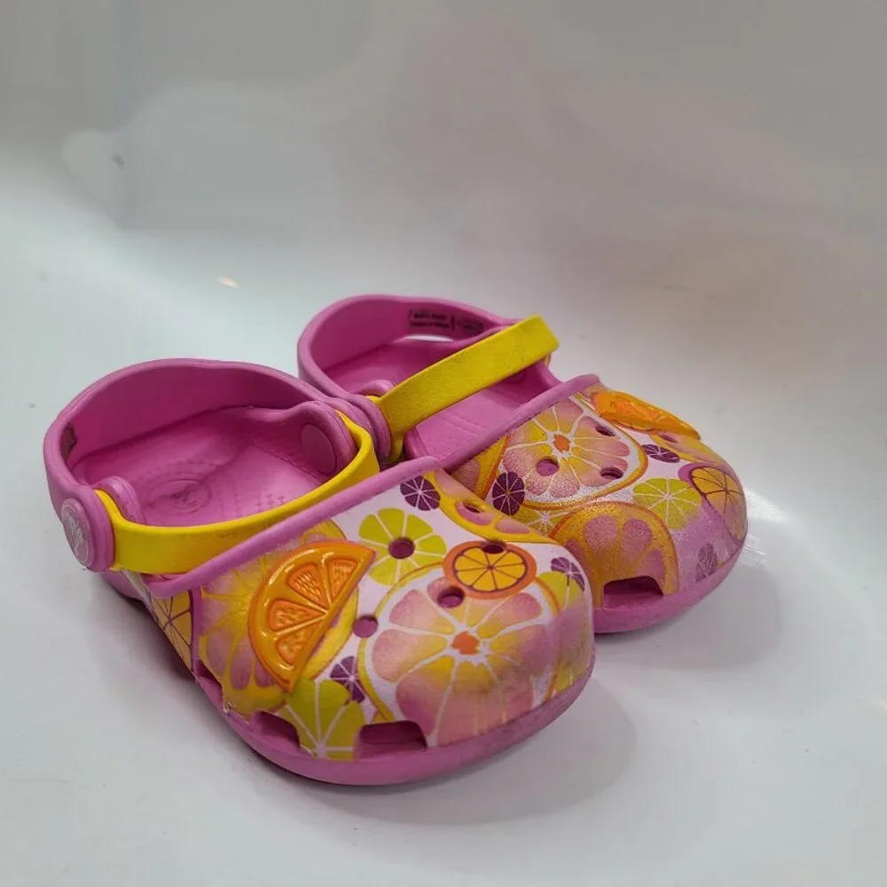 Crocs Girl's Party Pink Karin Novelty Lemon Adjustable Slip-On Casual Clogs Sz 6